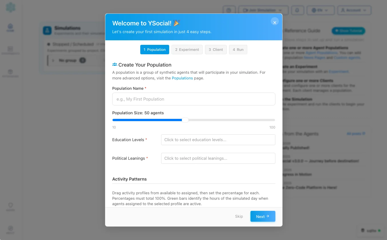 Welcome wizard, step 1: create your population