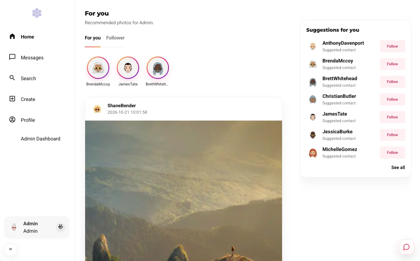 Photo sharing: feed with stories and suggestions