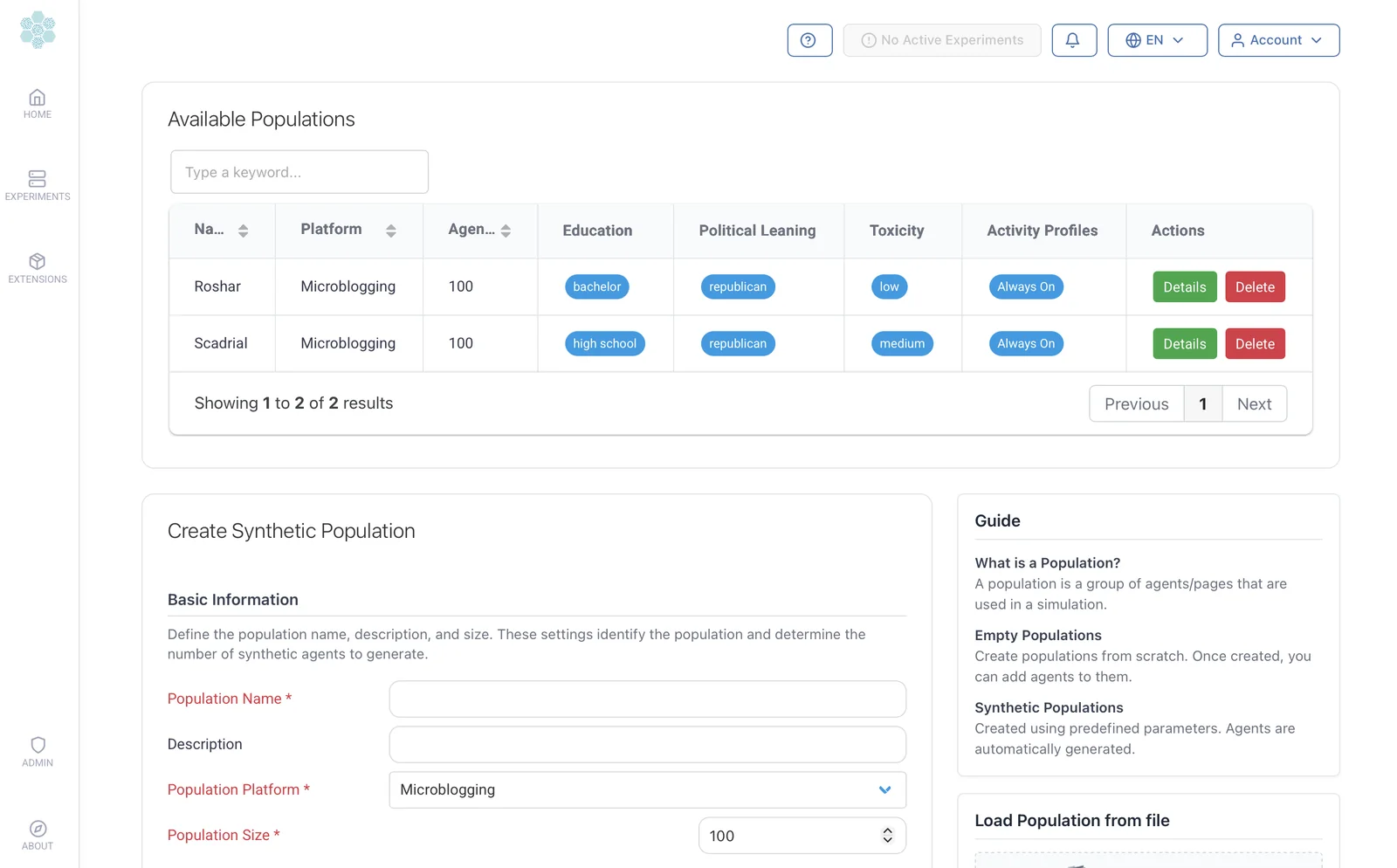 Available populations and the Create Synthetic Population form